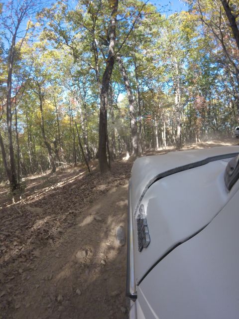 1979 Ford Bronco - A white 1979 Ford Bronco is driving on a dirt road through a forest with autumn foliage. The camera is mounted on the vehicle, looking forw…