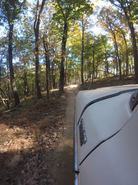 1979 Ford Bronco - The side of a white vehicle is visible, driving on a dirt road through a forest with autumn foliage. The vehicle's fender and part of the h…