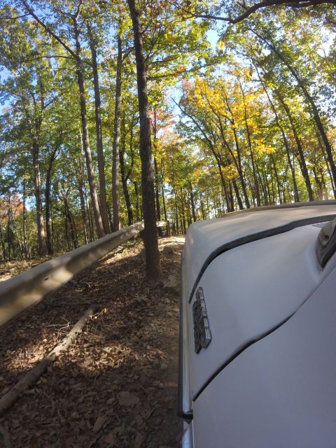 1979 Ford Bronco - A white vehicle drives along a wooded road with a guardrail on the left. The trees show fall colors with yellow and green leaves.