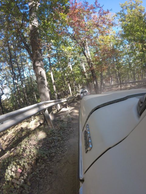 1979 Ford Bronco - The side of a cream-colored vehicle is visible in the foreground, driving on a dirt road through a forest. Another white vehicle is seen fu…