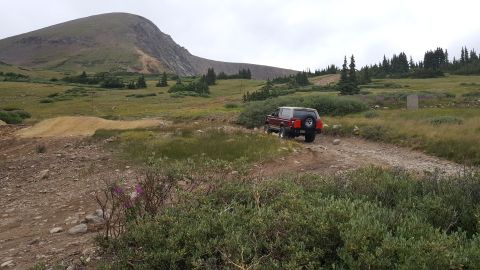 1996 Ford Bronco - A maroon 1996 Ford Bronco is parked on a dirt road in a mountainous, grassy landscape with scattered evergreen trees. The vehicle is viewed…