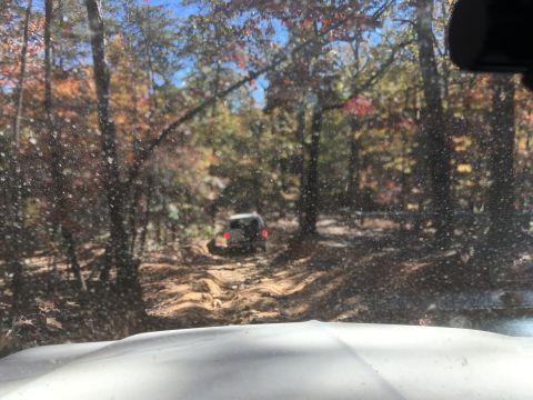1979 Ford Bronco - A dark colored SUV is driving on a muddy, rutted dirt road through a forest with autumn foliage. The view is from inside another vehicle, l…