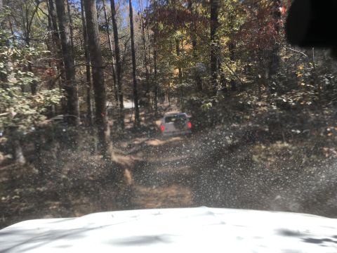 1979 Ford Bronco - A white SUV drives down a muddy, tree-lined dirt road in the fall. The vehicle is viewed from behind, with its taillights illuminated.
