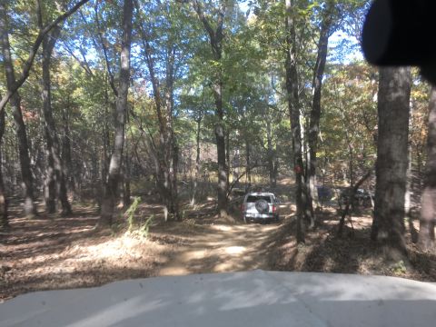 1979 Ford Bronco - A silver SUV is parked on a dirt path in a wooded area during the daytime. The vehicle is viewed from the rear, with trees and foliage surr…
