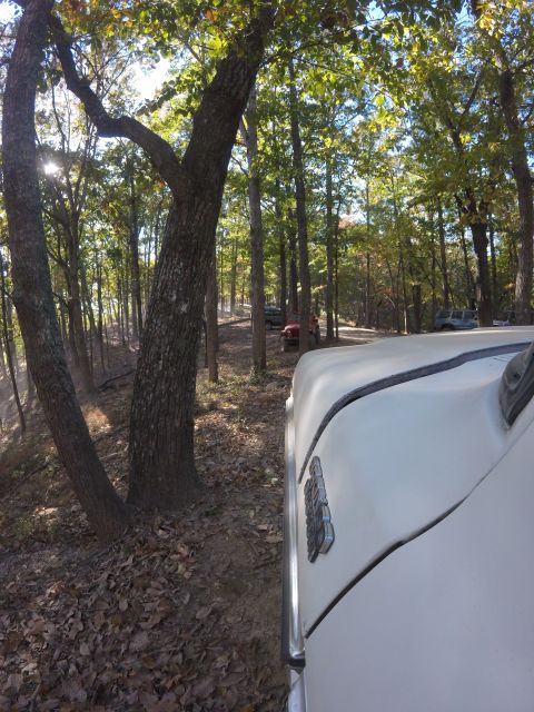 1979 Ford Bronco - The front right fender and hood of a white 1979 Ford Bronco are visible in the foreground, parked on a dirt path in a wooded area. Several…