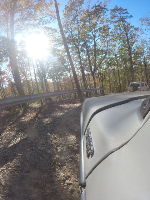 1979 Ford Bronco - The front passenger side of a light-colored vehicle is visible, driving on a gravel road through a forest with the sun shining brightly thr…