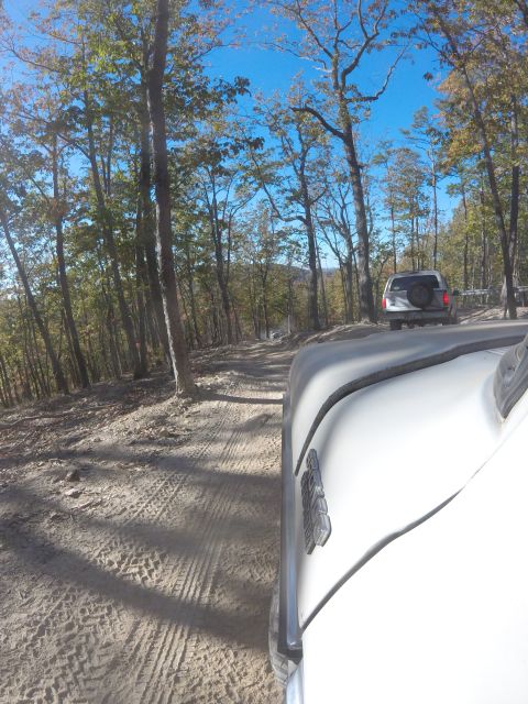 1979 Ford Bronco - A white vehicle is driving on a dirt road through a forest. The front fender and part of the hood of a white vehicle are visible in the for…
