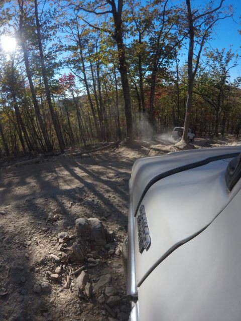 1979 Ford Bronco - A white SUV drives on a dusty, rocky trail through a forest with tall trees and a bright sun. The front fender and hood of another white ve…