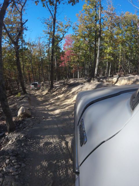 1979 Ford Bronco - A white vehicle is driving on a dirt road through a forest with autumn foliage. The front fender and hood of the vehicle are visible in the…