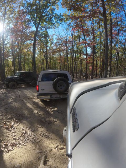 1979 Ford Bronco - Three off-road vehicles are parked on a dirt path in a forest with autumn foliage. The closest vehicle is a light-colored SUV, seen from th…