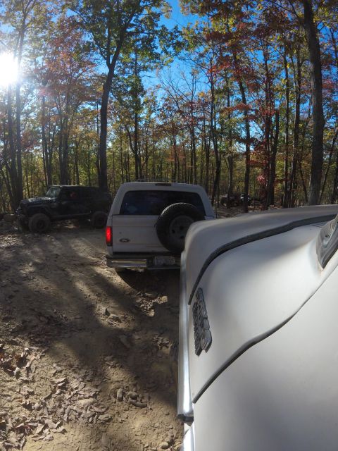 1979 Ford Bronco - A white Ford Bronco is parked on a dirt trail surrounded by trees with autumn foliage. The vehicle is viewed from a low angle, showing its…