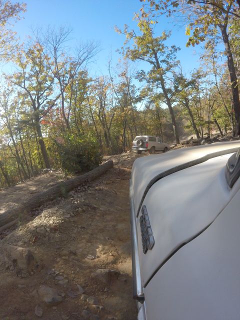 1979 Ford Bronco - A white 1979 Ford Bronco is driving on a dirt trail through a forest during the fall. The vehicle is viewed from the side, with the front o…