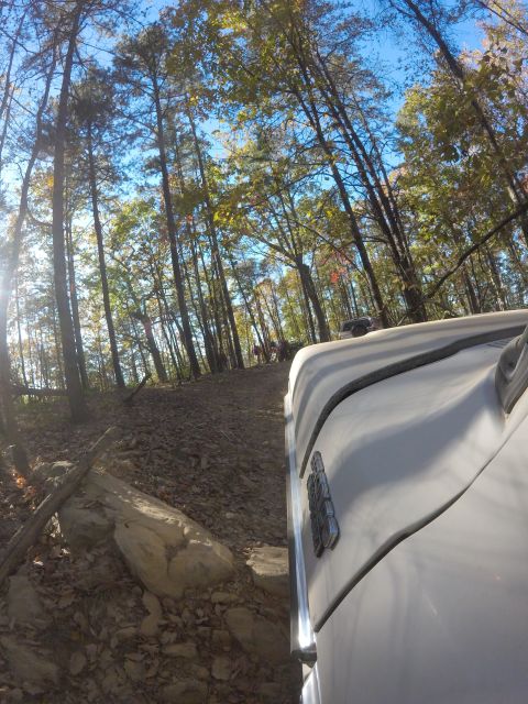 1979 Ford Bronco - The right side of a white 1979 Ford Bronco is visible as it drives off-road on a rocky, leaf-strewn trail through a forest.