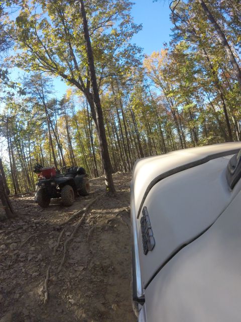 1979 Ford Bronco - A light-colored vehicle is parked on a dirt path in a forest, with an ATV visible in the background. The vehicle's side is in the foregroun…