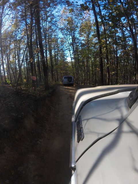 1979 Ford Bronco - A white vehicle part is visible in the foreground, with a dirt road and trees in the background.