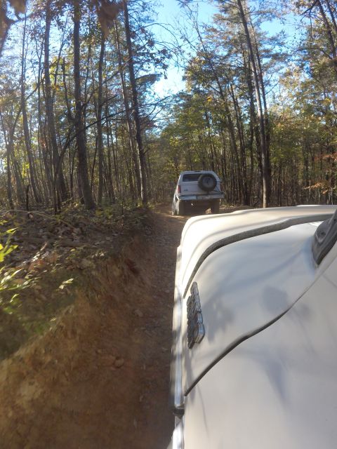 1979 Ford Bronco - Two 1979 Ford Broncos navigate a narrow dirt path in a forest.