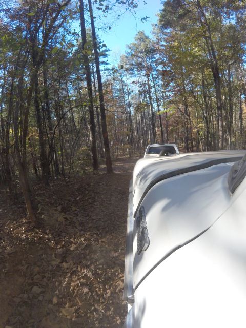 1979 Ford Bronco - A white SUV navigates a wooded dirt path, with another vehicle visible in the distance.
