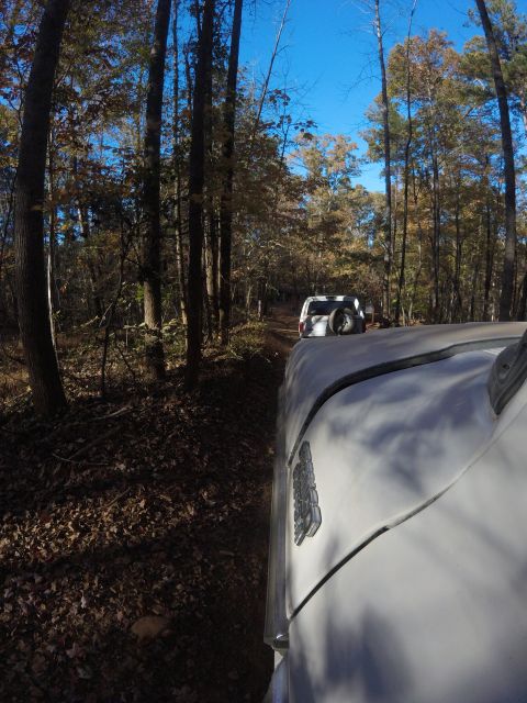 1979 Ford Bronco - Two SUVs navigate a wooded trail during autumn.