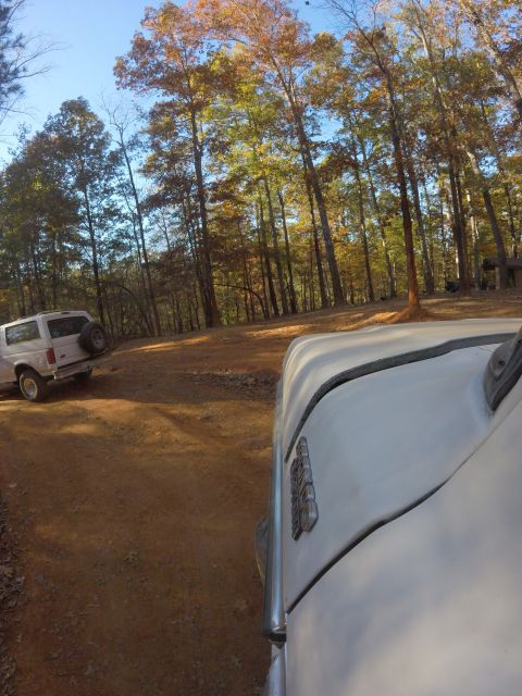1979 Ford Bronco - A white SUV is parked on a dirt road surrounded by trees with autumn foliage.