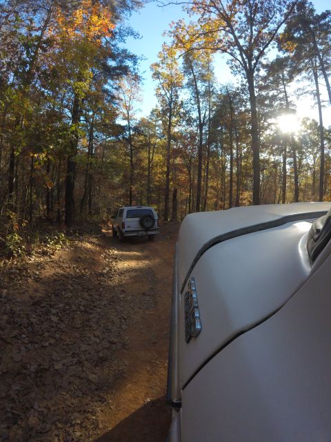 1979 Ford Bronco - Two SUVs navigate a wooded trail during autumn, with one vehicle's front end in the foreground and another following behind.