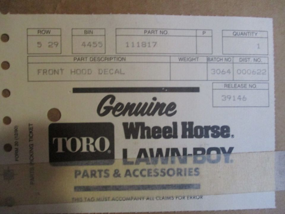 Parts tag for a Toro Wheel Horse Lawn-Boy front hood decal