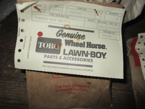 1986 Yamaha BLASTER - A parts tag for Toro Wheel Horse Lawn-Boy is visible, detailing a 'CHROME RIM BOLT-3' with part number 908180.