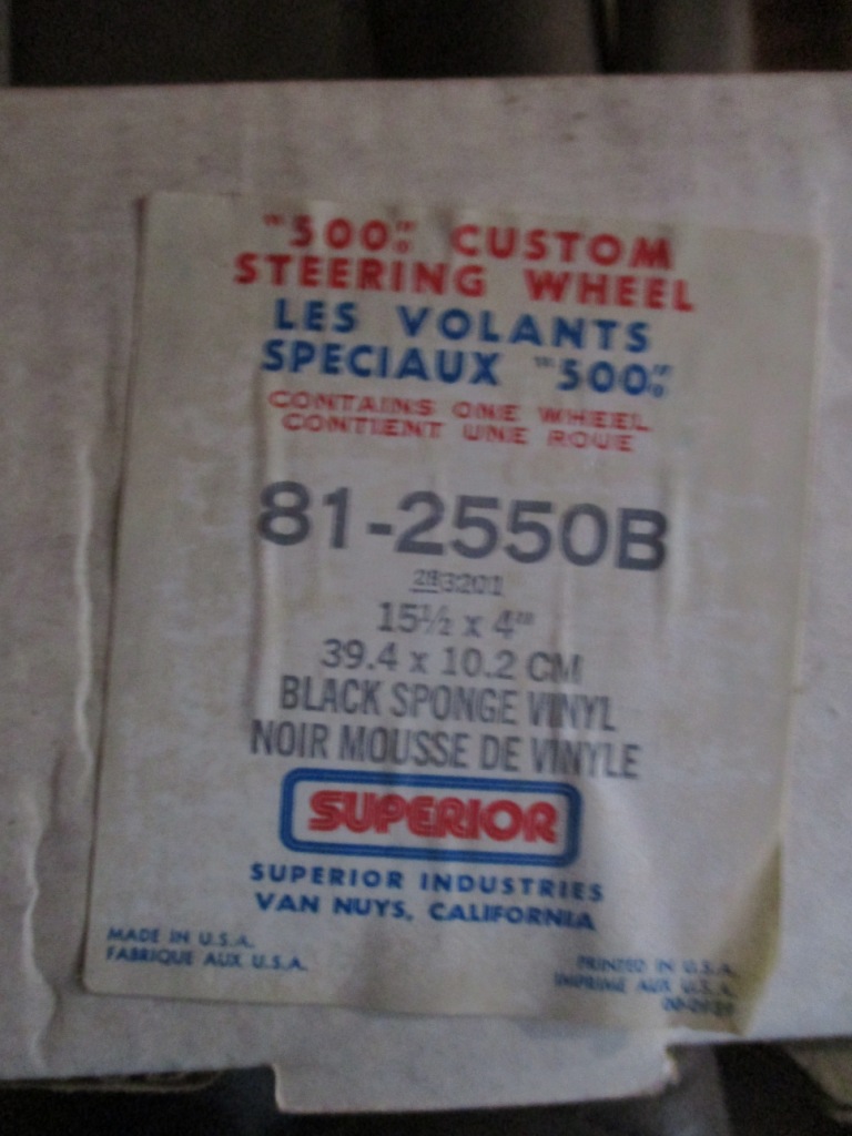 Label for a '500' custom steering wheel, part number 81-2550B, made by Superior Industries in Van Nuys, California
