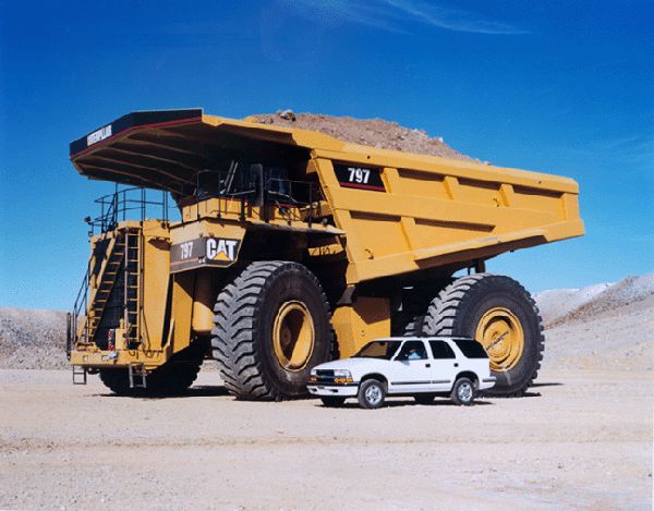 Giant yellow Caterpillar 797 mining truck next to a white Chevrolet Blazer SUV in a mine.