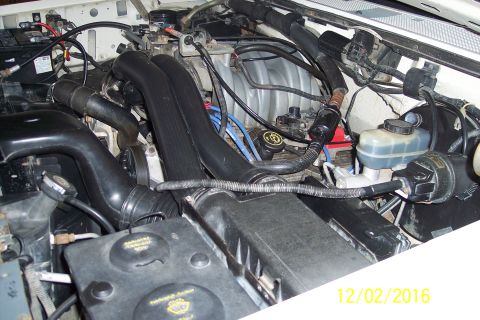 1990 Ford Bronco - A close-up view of the engine bay of a 1990 Ford Bronco, showing various hoses, the battery, and the brake fluid reservoir.