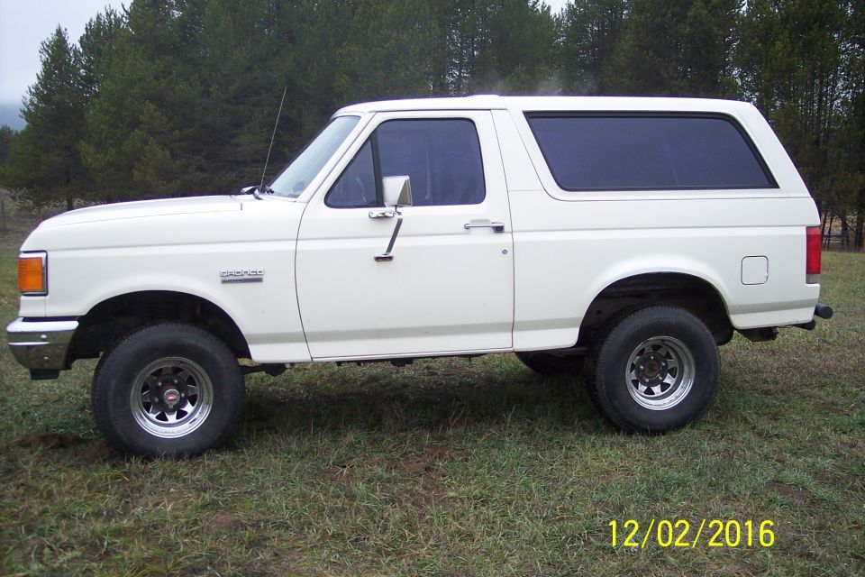 White 1990 Ford Bronco parked on grass with trees in the background.