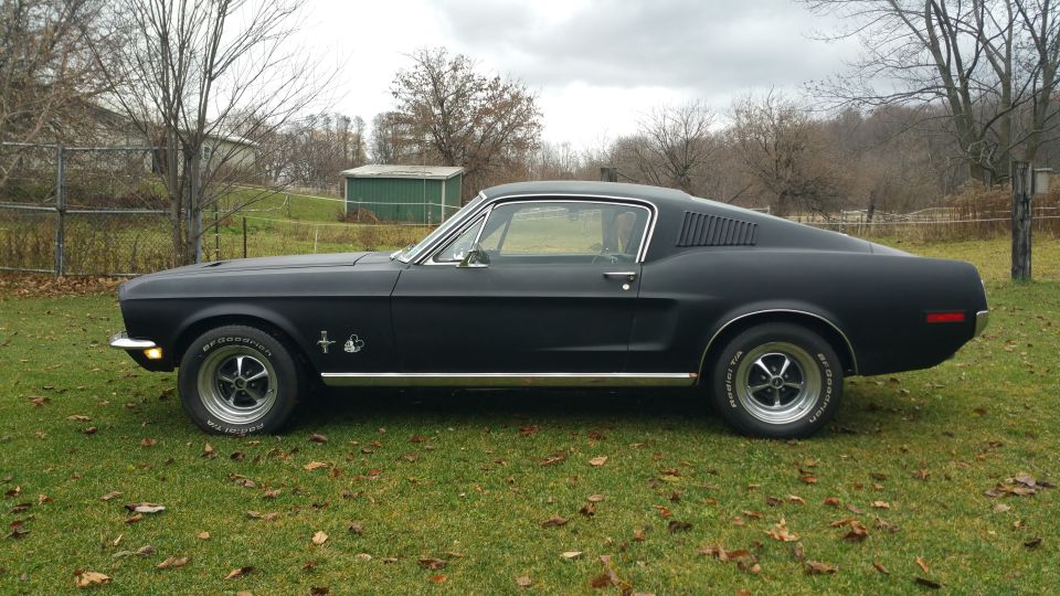 Matte black 1968 Ford Mustang fastback parked on grass with fallen leaves.
