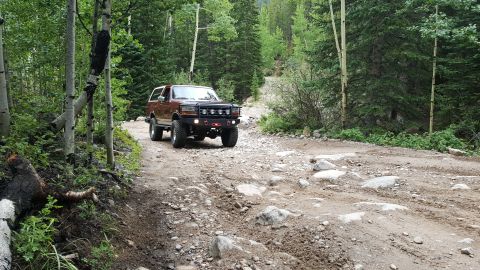 1996 Ford Bronco - A brown 1996 Ford Bronco is driving on a rocky, dirt road through a forest. The Bronco has a modified front bumper with auxiliary lights.