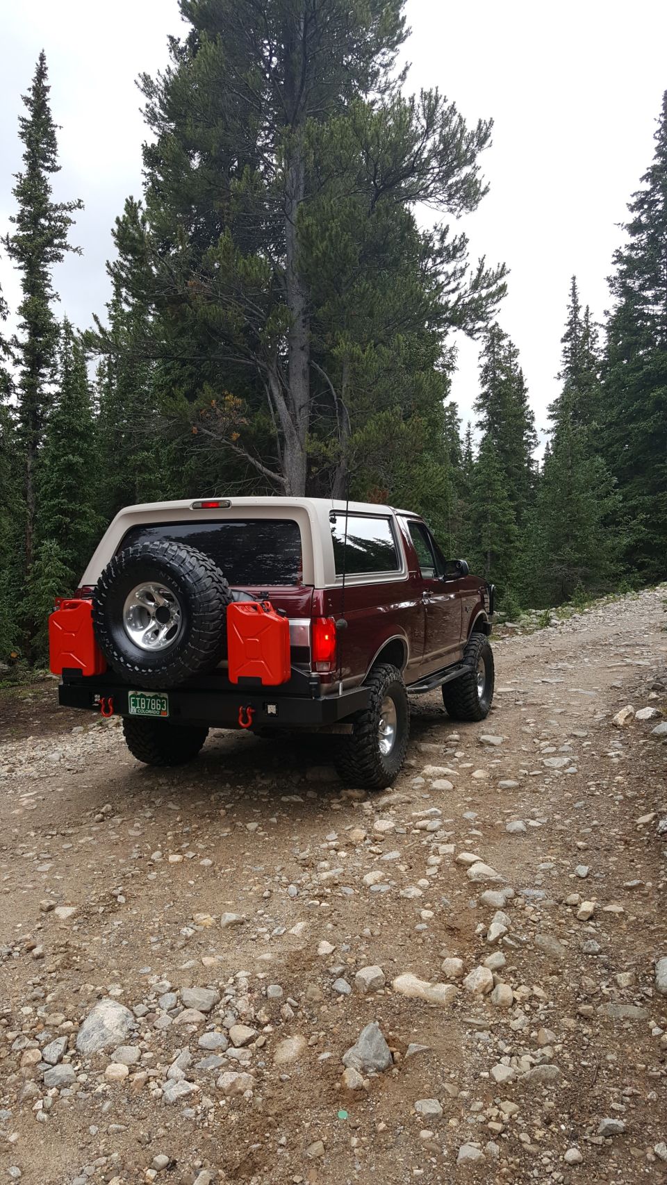 1996 Ford Bronco parked on a rocky dirt road in a forest, rear view.