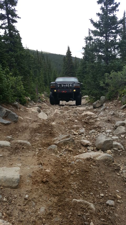 1996 Ford Bronco - A black Ford Bronco is driving on a rocky, dirt trail through a dense forest. The vehicle has an aftermarket bumper with auxiliary lights a…