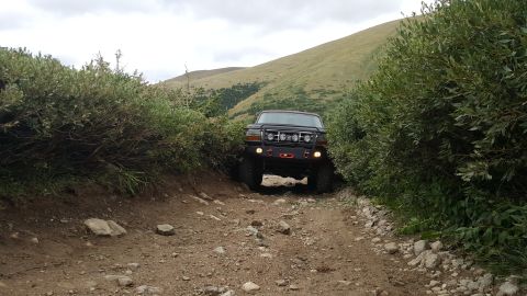 1996 Ford Bronco - A black 1996 Ford Bronco navigates a rough, rocky trail surrounded by dense vegetation.