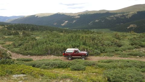 1996 Ford Bronco - A red Ford Bronco navigates a mountain trail surrounded by dense pine forests and rolling hills.