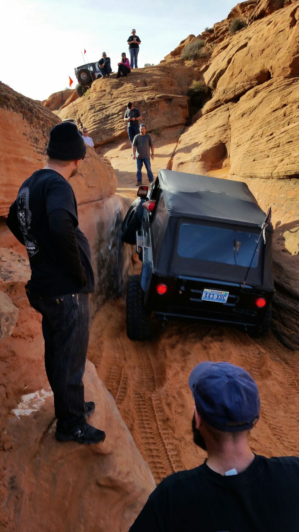 Black Jeep Wrangler on sandy trail, rear view. License plate 443 XDC