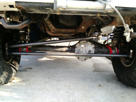 1992 Ford Bronco - Close-up of a vehicle's steering and suspension components, focusing on the front axle and linkage.
