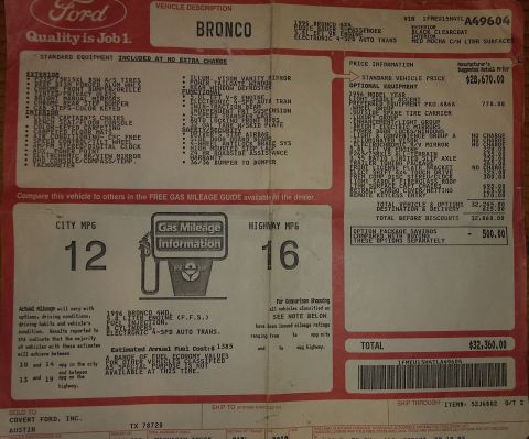 1996 Ford Bronco - Original Sale Sheet!