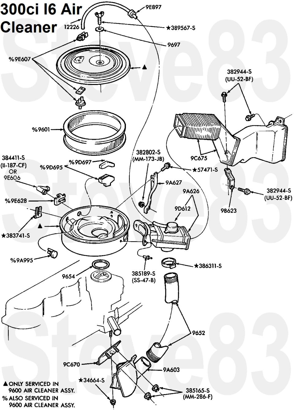 Line drawing of Ford 300ci I6 air cleaner assembly with part numbers