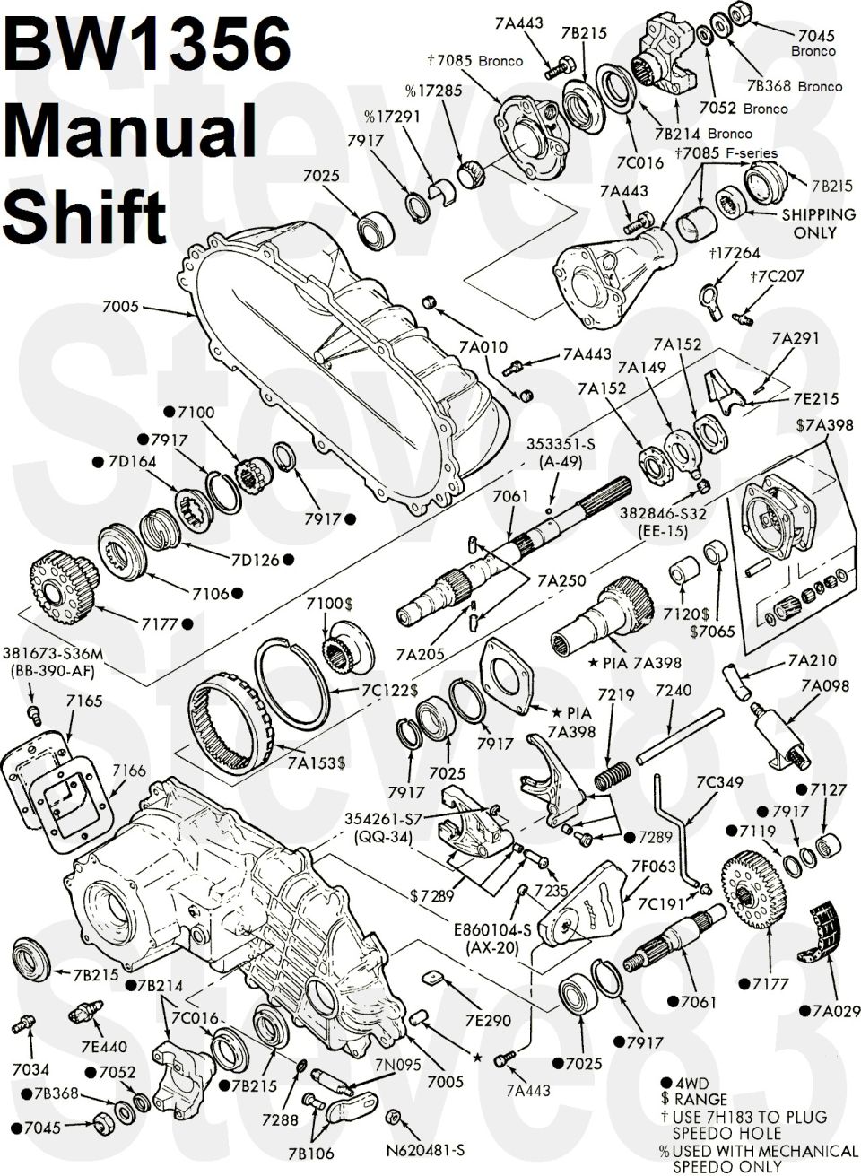BW1356 manual shift transfer case exploded parts diagram with numbers