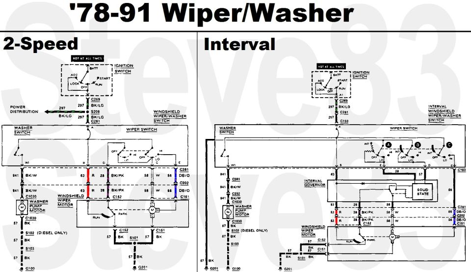 '78-91 wiper/washer wiring diagrams for 2-speed and interval systems with wire colors and connectors
