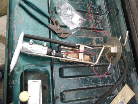 1996 Ford Bronco - A disassembled fuel pump assembly, complete with filter sock and wiring, rests on a green truck bed next to a pair of pliers.