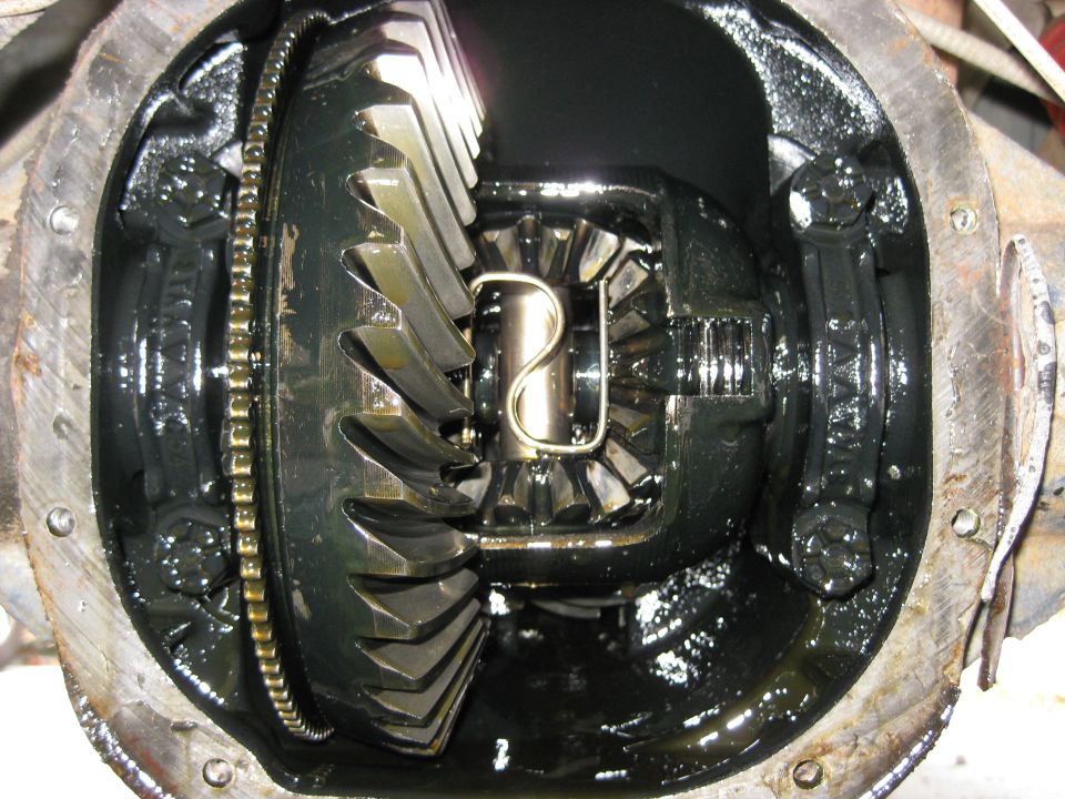 Close-up of an open differential housing with gears and lubricant.