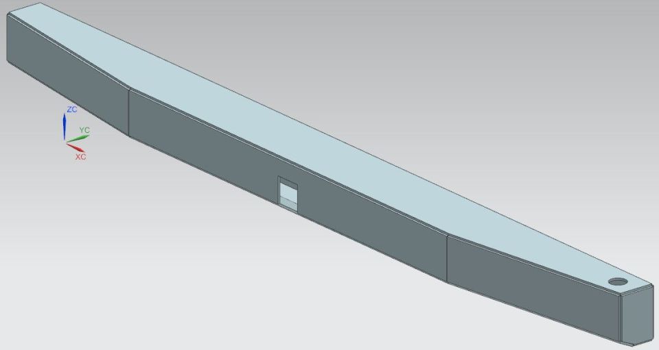 3D model of a vehicle chassis with a tapered front and a cutout on the side.