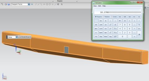 1979 Ford Bronco - A 3D model of a vehicle part, possibly a chassis component, is displayed with its calculated area shown as 1479.6478 in^2. A calculator win…