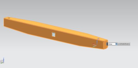 1979 Ford Bronco - A 3D rendering of an orange, hollow, tapered beam with a rectangular cutout on one side and a circular hole on the other. A measurement box…