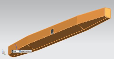 1979 Ford Bronco - A 3D rendering of an orange, tapered object with a small rectangular cutout on its top surface. A measurement label indicates an area of 14…