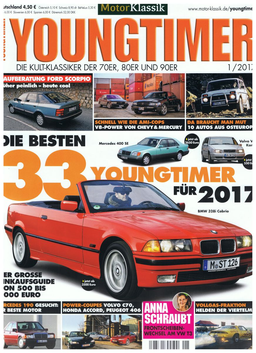 Motor Klassik Youngtimer magazine cover with multiple car photos and German text