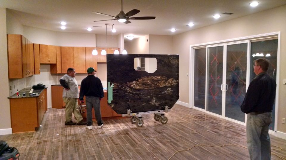It's a good thing we had the huge back door (and cement leading to it) because this dolly was too tall for the island top to fit through a standard-height door.